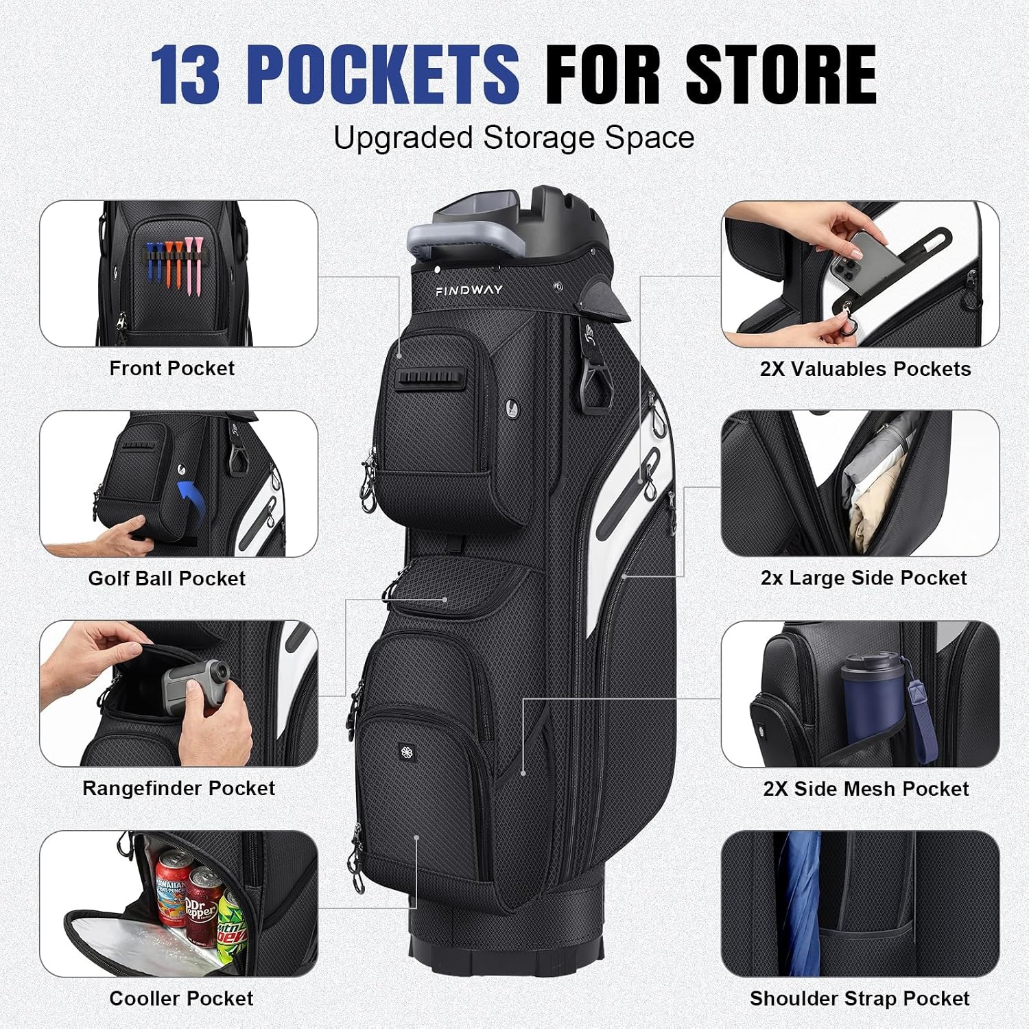 image:imageFindway Golf Cart Bag Upgraded Quiet 15Way FullLength Divider Golf Bag for Men Women AntiRattle Locking Top with GripHolding Base Multiple Pockets Rain CoverBlack