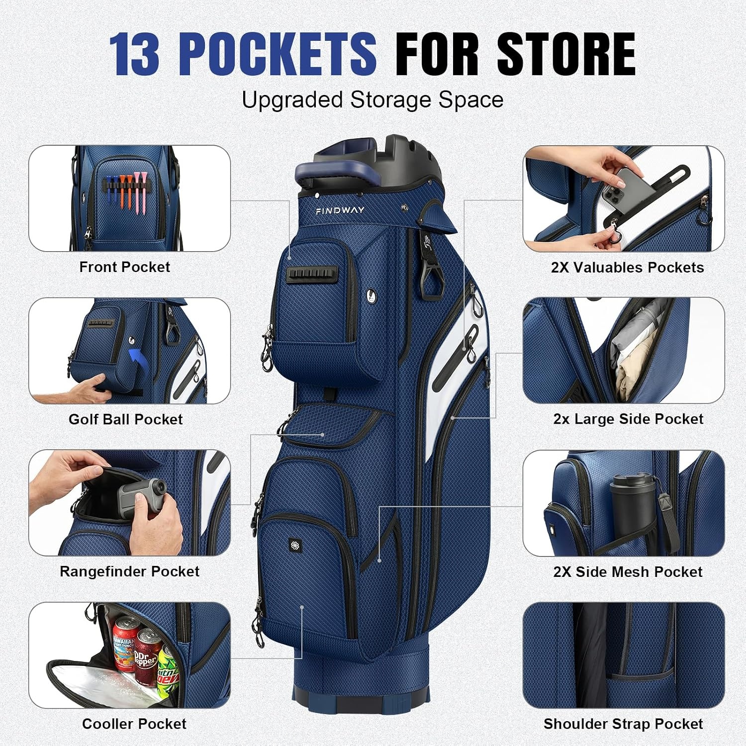 image:imageFindway Golf Cart Bag Upgraded Quiet 15Way FullLength Divider Golf Bag for Men Women AntiRattle Locking Top with GripHolding Base Multiple Pockets Rain CoverBlue