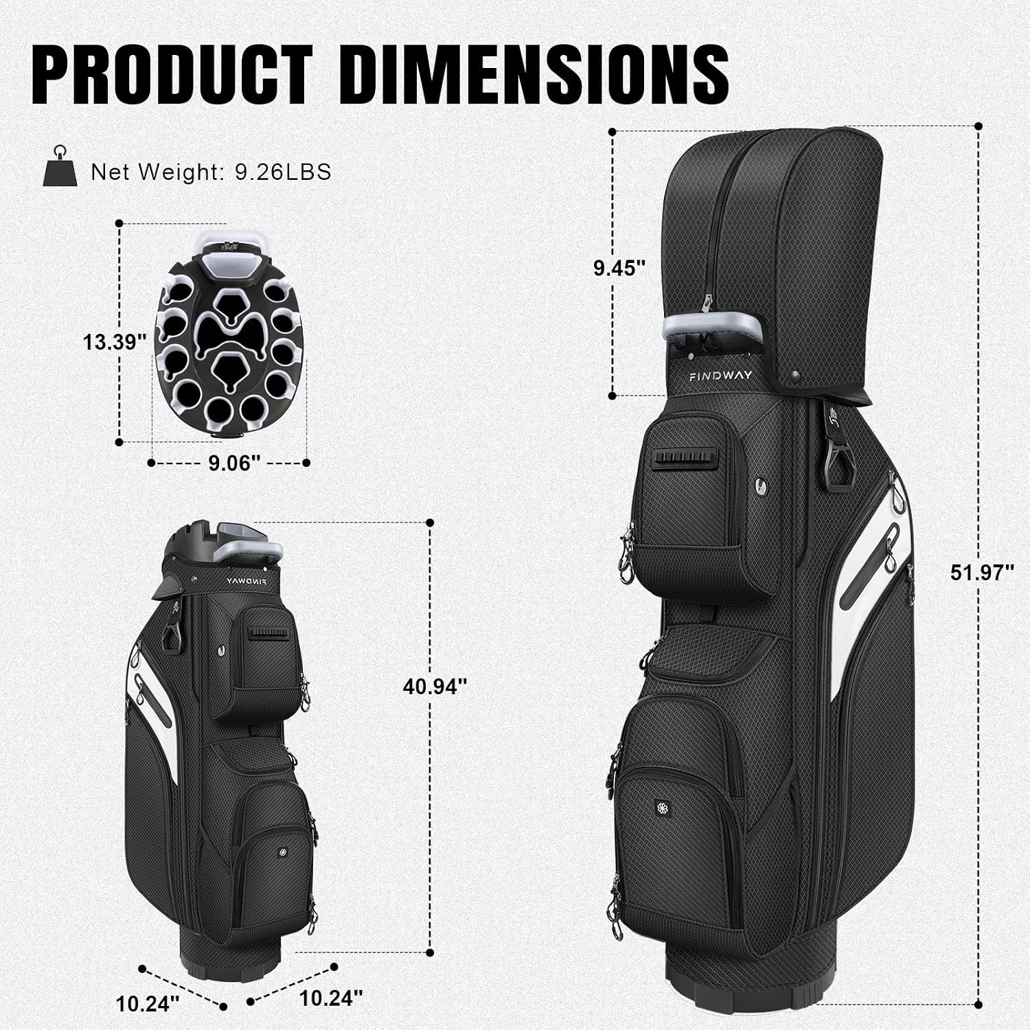 image:imageFindway Golf Cart Bag Upgraded Quiet 15Way FullLength Divider Golf Bag for Men Women AntiRattle Locking Top with GripHolding Base Multiple Pockets Rain CoverBlack