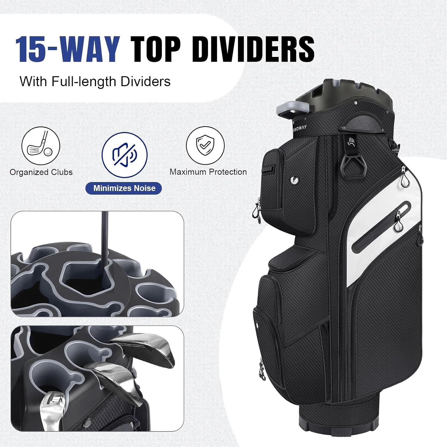 image:imageFindway Golf Cart Bag Upgraded Quiet 15Way FullLength Divider Golf Bag for Men Women AntiRattle Locking Top with GripHolding Base Multiple Pockets Rain CoverBlack