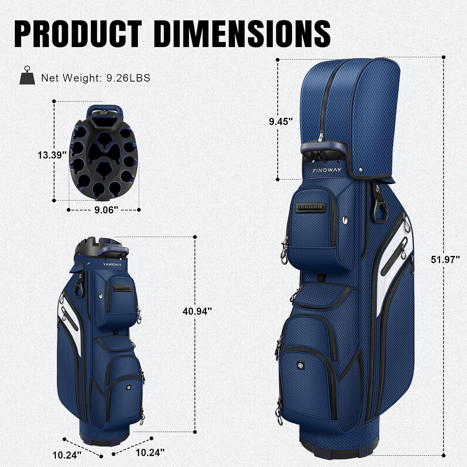 image:imageFindway Golf Cart Bag Upgraded Quiet 15Way FullLength Divider Golf Bag for Men Women AntiRattle Locking Top with GripHolding Base Multiple Pockets Rain CoverBlue