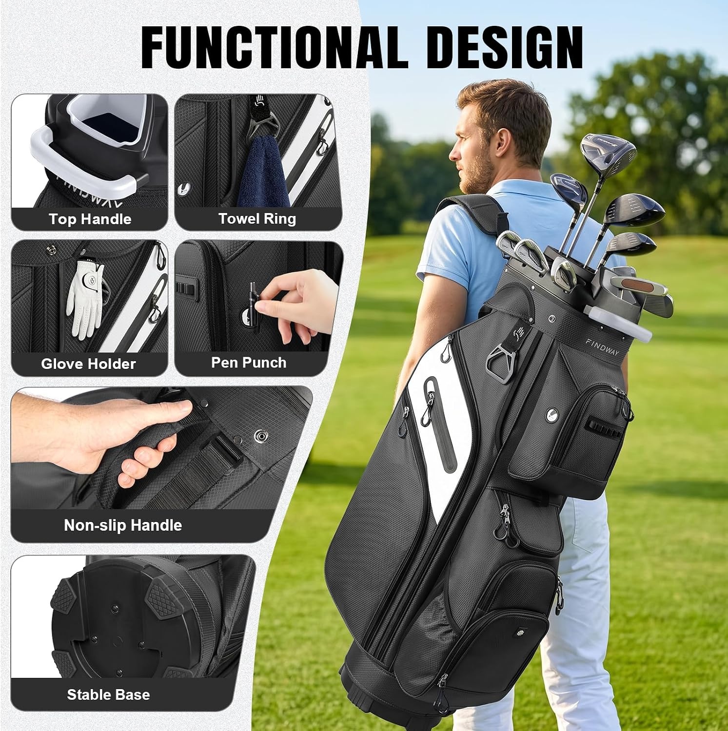 image:imageFindway Golf Cart Bag Upgraded Quiet 15Way FullLength Divider Golf Bag for Men Women AntiRattle Locking Top with GripHolding Base Multiple Pockets Rain CoverBlack