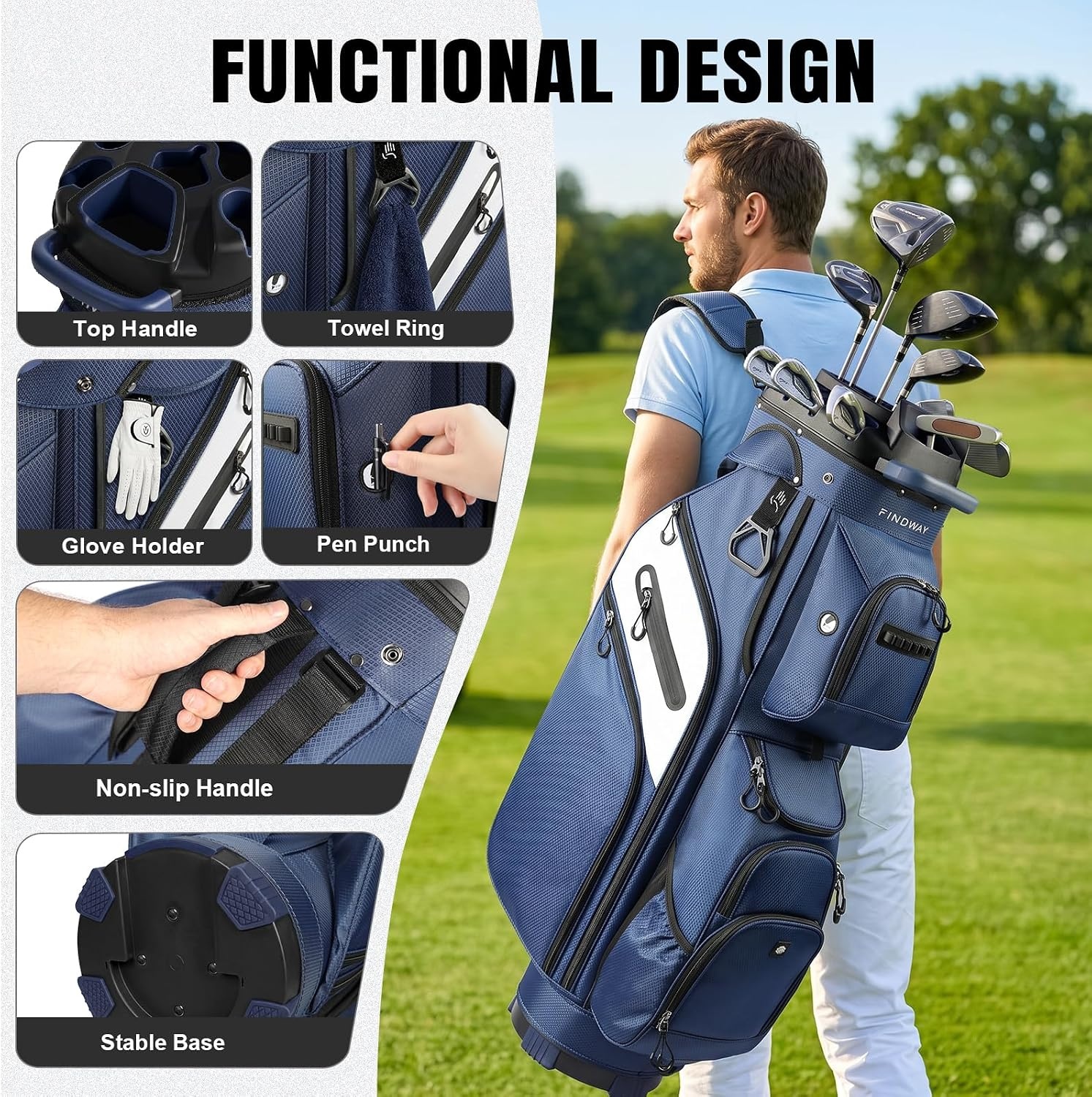 image:imageFindway Golf Cart Bag Upgraded Quiet 15Way FullLength Divider Golf Bag for Men Women AntiRattle Locking Top with GripHolding Base Multiple Pockets Rain CoverBlue