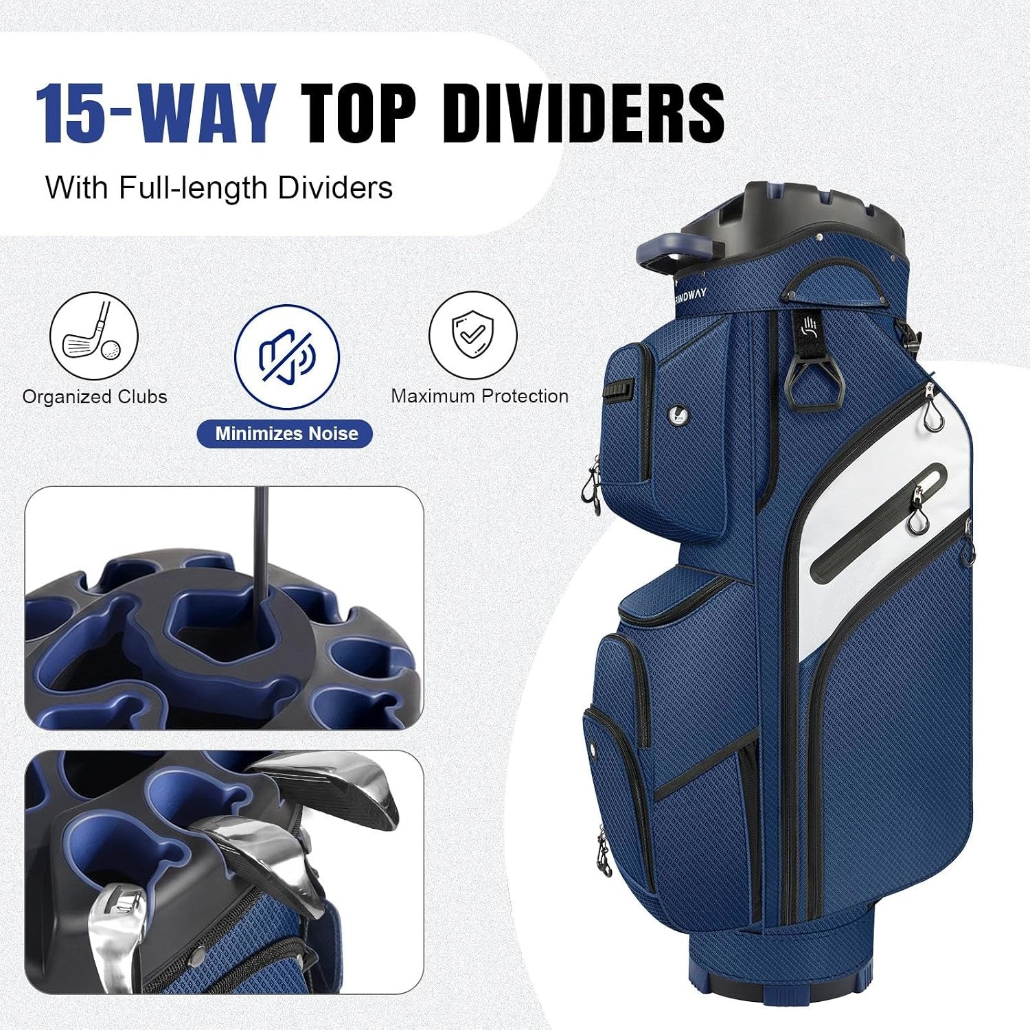 image:imageFindway Golf Cart Bag Upgraded Quiet 15Way FullLength Divider Golf Bag for Men Women AntiRattle Locking Top with GripHolding Base Multiple Pockets Rain CoverBlue